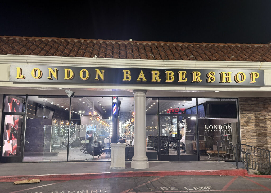 London Barbershop Storefront Sign by Stay Up Sign Co.