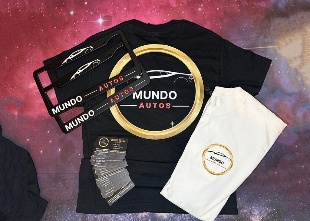 Custom business cards, branded apparel, and license plate frames by Stay Up Sign Co in Santa Clarita, CA