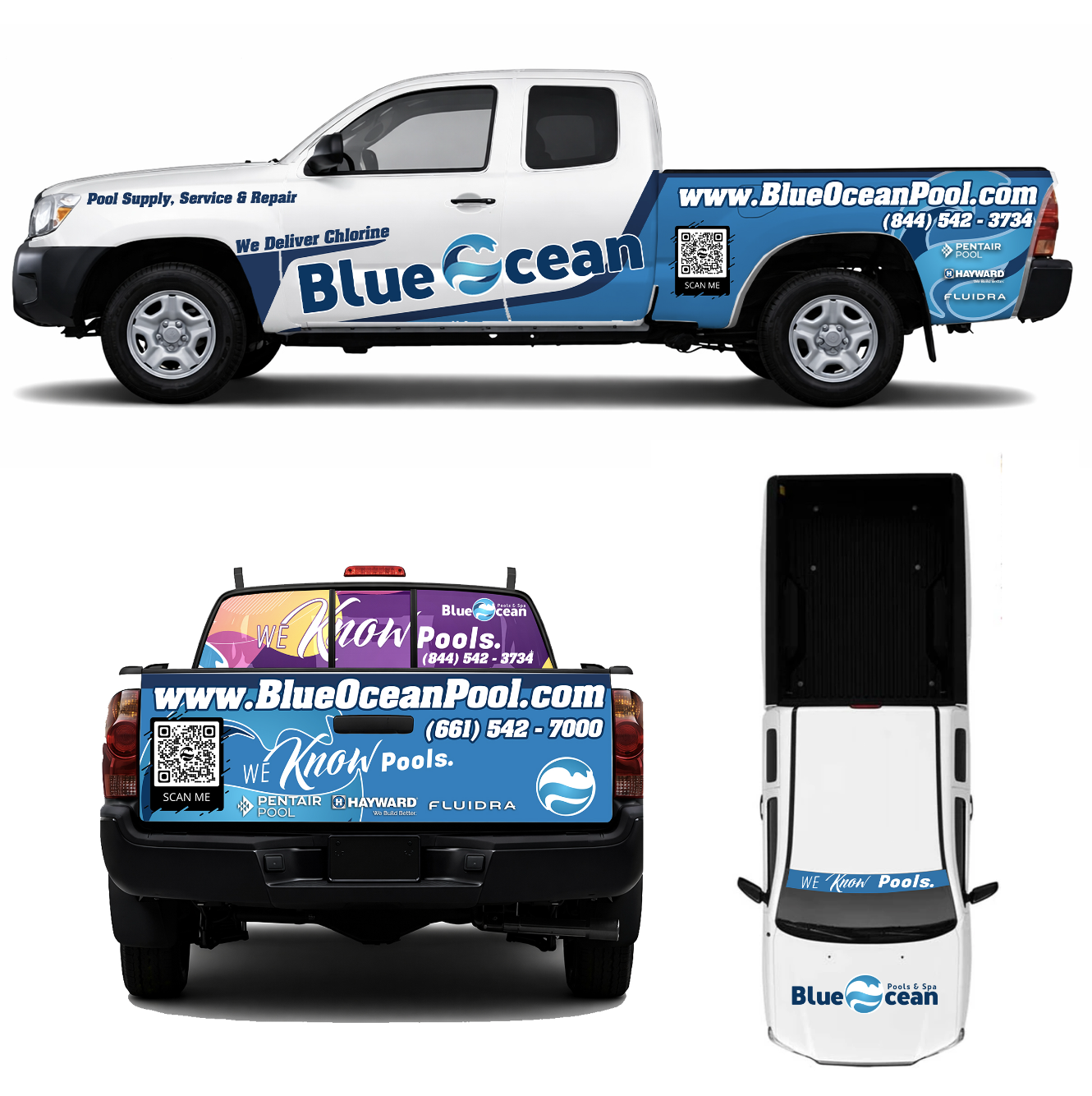 Blue Ocean Pool Supply, Service & Repair truck wrap design on a white pickup truck featuring custom commercial vehicle graphics, QR code, website branding, and pool service advertising.