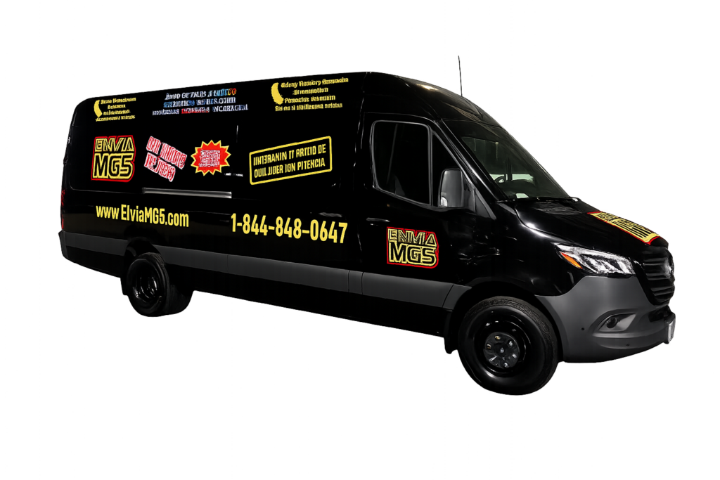 Black Mercedes-Benz Sprinter van wrap for Envia MGS featuring bold yellow and red branding, delivery service information, and contact details on a transparent background.